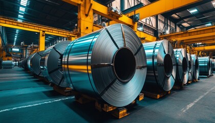 Fototapeta premium Premium stacked rolls of galvanized steel sheets in warehouse ready for shipment in steel industry