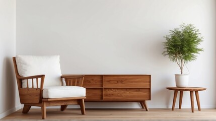 Minimalist Living Room with Wooden Furniture and Green Plant