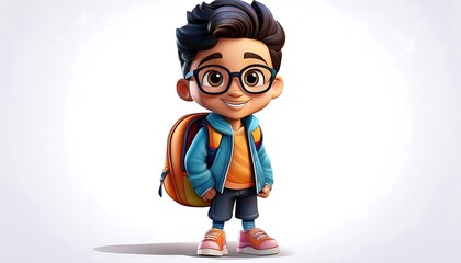 A cute cartoon boy student character with a school bag and colorful shoes, set against a white Background