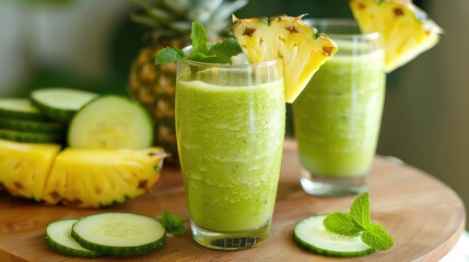 Two glasses of green smoothie with pineapple and cucumber garnishes on a wooden table.