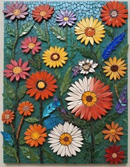 Mosaico de flores y plantas con macetas