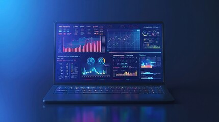 Business dashboard financial management on a 3D laptop with aspects of online business analysis and analytics through applications. Investment, trading and financial management with infographics.