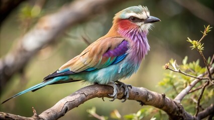 Obraz premium Lilac-breasted Roller Perched on a Branch with Colorful Feathers