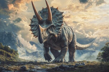 Fototapeta premium A Triceratops Dinosaur Standing Majestically in a Mountainous Landscape