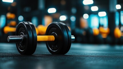 Fototapeta premium A close-up of a black and yellow dumbbell on a gym floor, highlighting fitness and strength training in a modern gym environment.