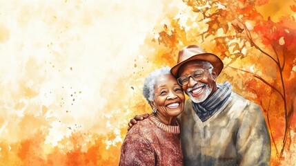 Watercolor illustration, World Alzheimer's Day, International Day of Older Persons, sweet afroamerican elderly couple, grandparents, light autumn background, copy space free space for text