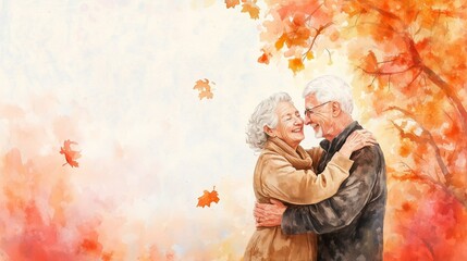 Watercolor illustration, World Alzheimer's Day, International Day of Older Persons, sweet smiling elderly couple, grandparents, light autumn background, copy space free space for text