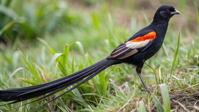 Long-tailed Widowbird with Black, White, and Orange Feathers Standing on Grass