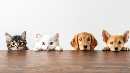 Two cute kittens and two puppies peeking out from wooden table. Peekaboo.