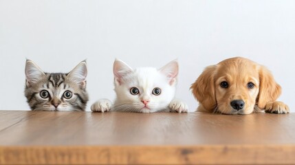 Two cute kittens and puppy peeking out from wooden table. Peekaboo.