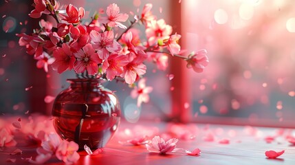 Cherry blossoms in vase with pink hearts on red background