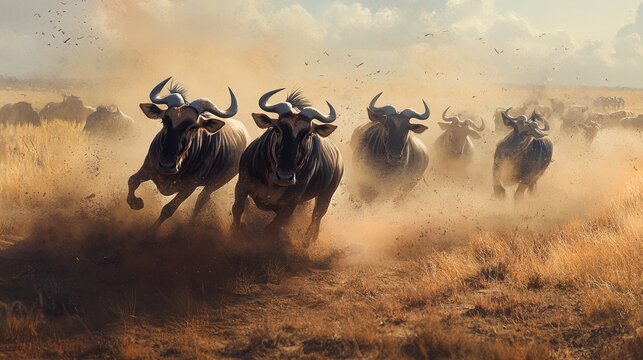 Wildebeest herd thundering across plains. Generative AI