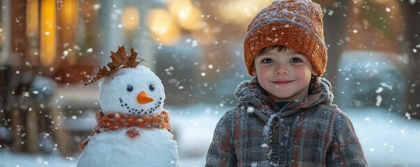 Smiling little boy in a beanie hat playing in snow. Winter fun with Snowman in the Christmas holidays