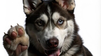Obraz premium Close-up Portrait of a Husky Dog with One Blue Eye and One Brown Eye, Showing Its Paw