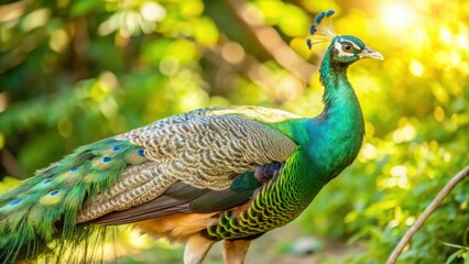 Obraz premium A Peacock With Vibrant Green Feathers Amid Lush Greenery