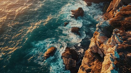 Aerial view of rocky coastline with turquoise waves crashing against jagged cliffs creating dramatic seascape showcasing nature's raw power and beauty