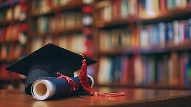 Vintage camera and roll of film on wooden surface with blurred bookshelf background showcasing classic photography equipment and nostalgia