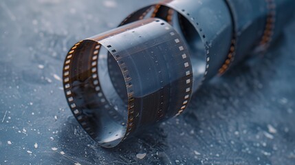 Curled strip of camera film on textured blue surface with water droplets showcasing vintage photography medium in atmospheric still life composition
