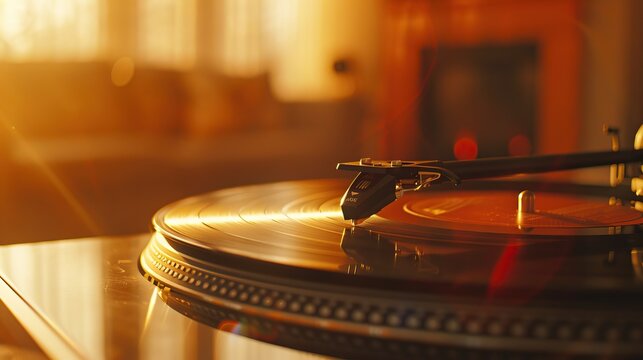 Close-up of vinyl record player arm on spinning record with warm golden lighting creating nostalgic analog music listening atmosphere