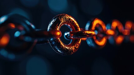 Close-up view of a metallic chain link illuminating with orange highlights, showcasing texture and depth against a dark background.