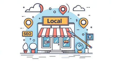 Colorful cartoon illustration of local business storefront with SEO icons and elements showcasing digital marketing concept for small businesses