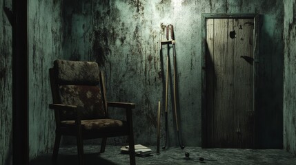 Chair and crutches at room wall