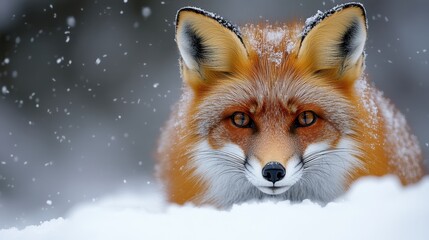 Fototapeta premium Stealthy Red Fox Hunting in Snow - Close-up of Ferocious Predator Targeting Prey in Winter Scene
