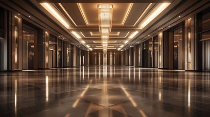 Opulent Empty Banquet Hall with Shiny Surfaces, Subtle Lighting Accents, and High-End Architectural Design