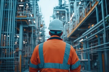 Engineer in safety gear observing pipeline and pipe rack at petroleum and chemical industrial plant
