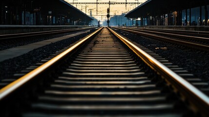 Obraz premium A close-up view of train tracks leading into a station at sunset, highlighting the rails and vibrant colors in the sky.