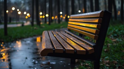 A park bench glistens with raindrops, surrounded by lush grass and illuminated by warm lights in a serene atmosphere.