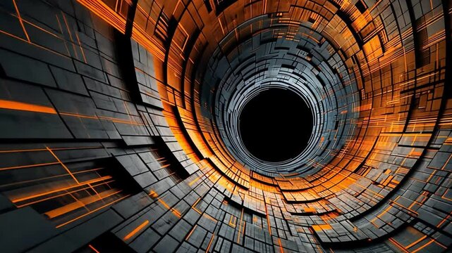 Abstract digital tunnel with glowing orange and black lines.