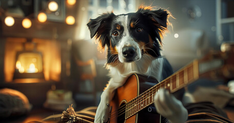 Dog Playing Guitar in Cozy Home