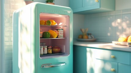The retro-styled refrigerator showcases vibrant fruits and colorful jars in the bright kitchen, illuminated by natural light, creating a cheerful ambiance