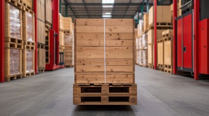 A wooden pallet is positioned in a spacious warehouse, showcasing industrial storage and logistics operations in action.