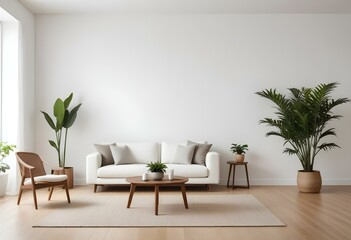 A modern living room with a white sofa, wooden side tables, and a potted plant in the corner against a plain white wall.