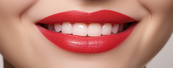 Naklejka premium A close-up of a bright smile featuring perfectly white teeth and vibrant red lipstick