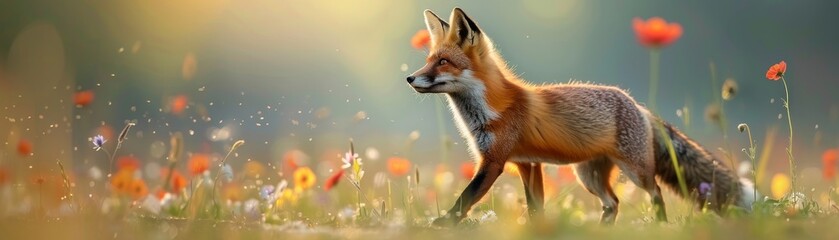 Fototapeta premium Red Fox in a Meadow of Flowers