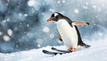 Fototapeta premium Penguin Skiing in the Snow