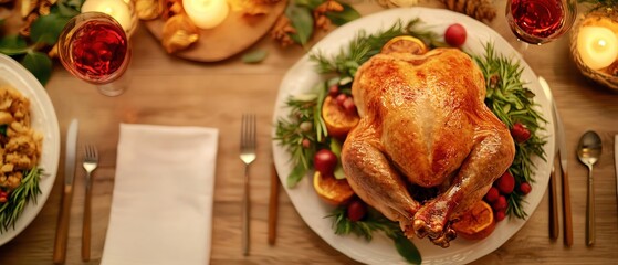 Elegant Thanksgiving dinner table setting featuring a roasted turkey centerpiece with festive decorations and a variety of delicious foods.