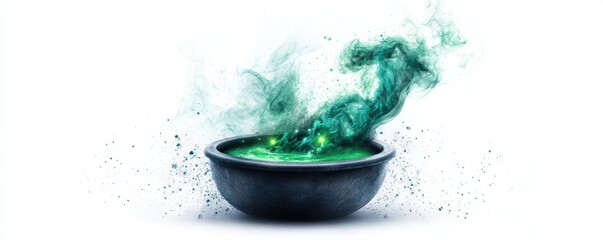 A cauldron bubbling with a vibrant green potion emits mystical smoke, set against a white background. 