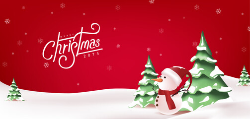 Merry christmas and happy new year greeting card with copy-space and Cute snowman standing in winter christmas landscape snow falling