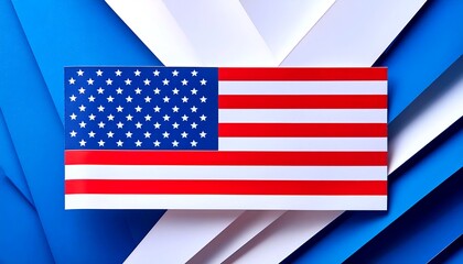 Fototapeta premium Minimalist American flag design using paper cut-out shapes, clean whites with bold red and blue. Background.