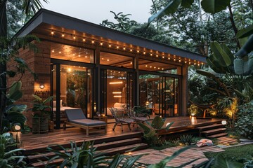 Obraz premium Outdoor Deck with Plants and Loungers, String Lights Above Fence Wall, Night Time, Architectural Photography