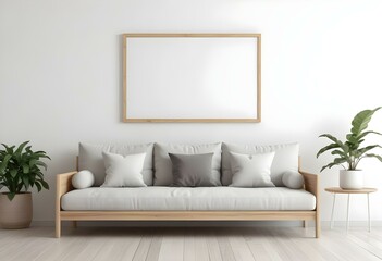 A minimalist living room with a wooden sofa, white cushions, and a blank frame on the wall.