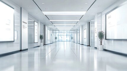 Minimalist Exhibition Hall with Blurred Signage, Sleek Flooring, and Clean Lines, Ready for Event Launch