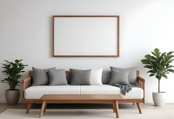 A minimalist living room with a wooden sofa, white cushions, and a blank frame on the wall.