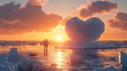 Couple standing on a heart-shaped pink rock by the sea