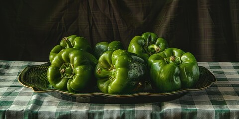 Vegetables featuring green bell peppers presented on a checkered tablecloth.