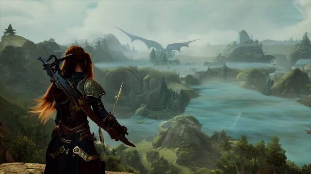 RPG fantasy video game female fighting a dragon Generative AI